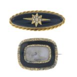 Late Victorian 15ct gold diamond and seed pearl onyx mourning brooch with hairwork reverse,