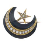 A late Victorian gold, onyx and split pearl crescent and star mourning brooch.