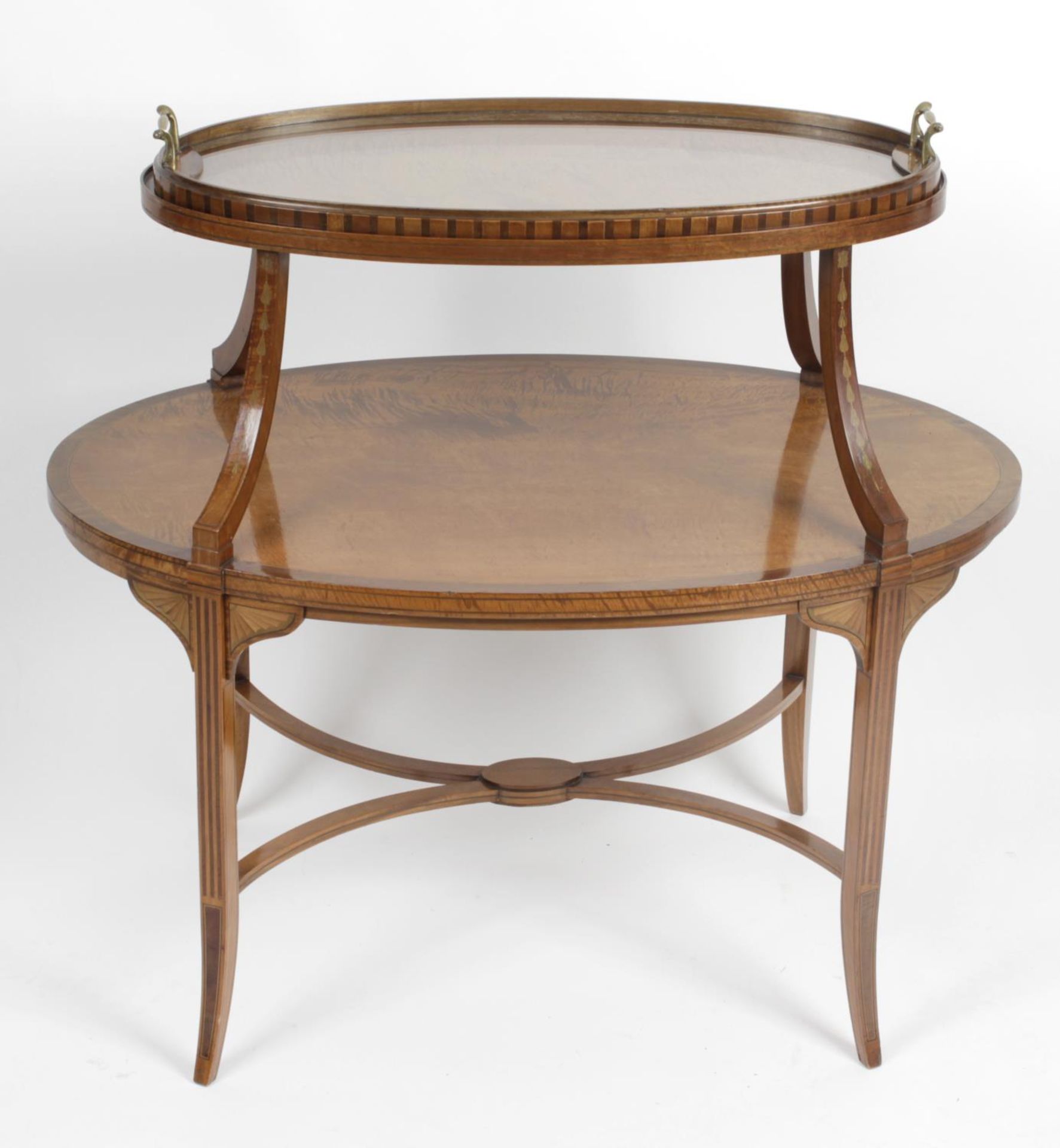 An Edwardian mahogany and satinwood etagere,