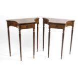 A pair of mahogany and yew wood crossbanded side tables,