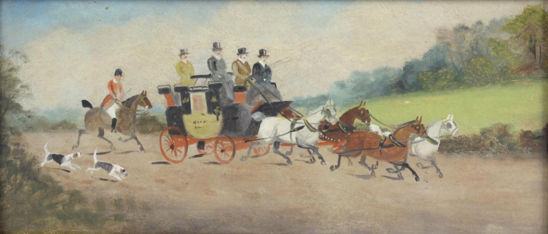 19th century English School - an oil painting depicting a horse drawn carriage,