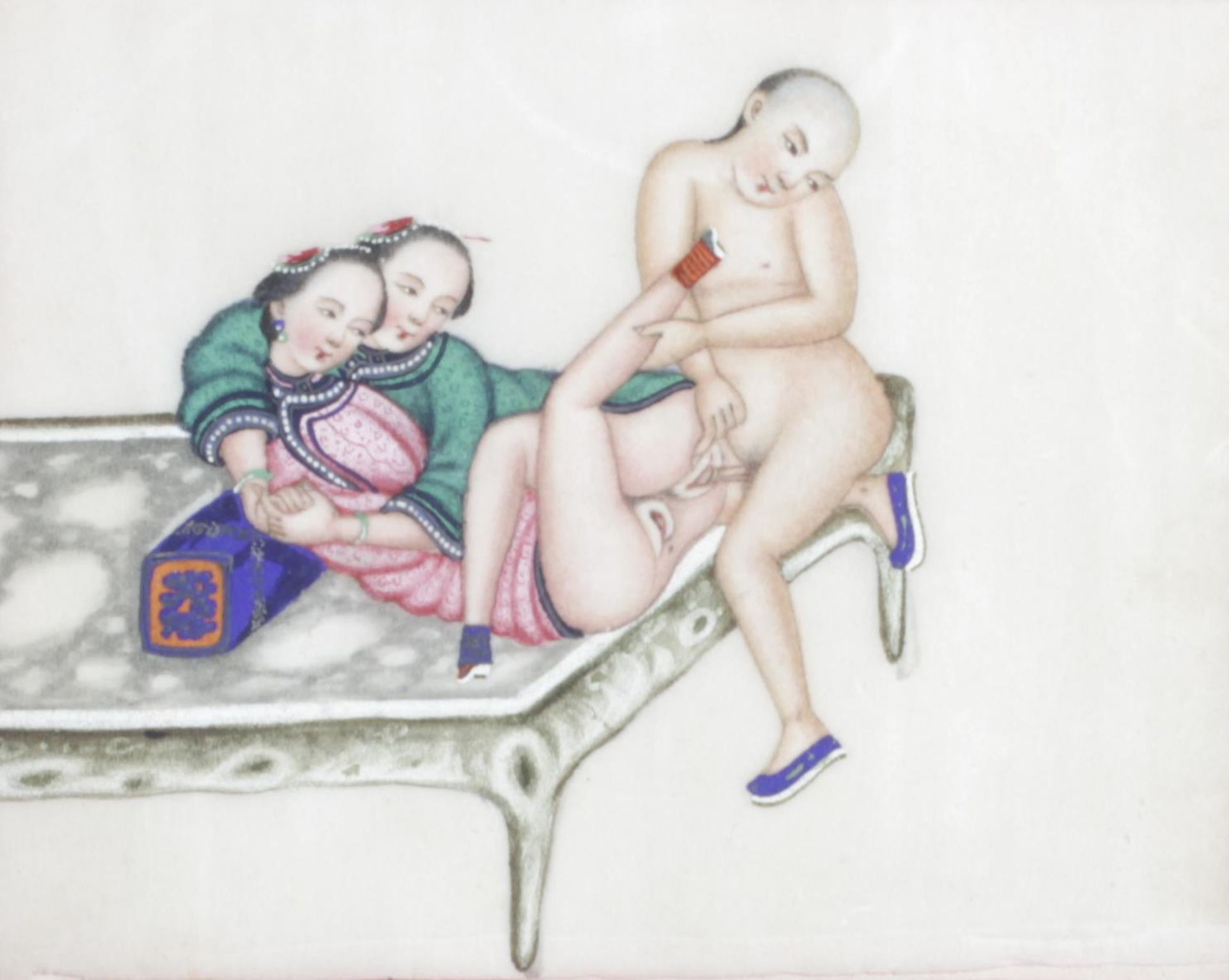 Five 19th century Oriental paintings on rice paper, depicting erotic scenes.
