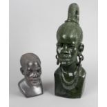 An African carved green stone head and shoulder bust depicting a lady signed Naboth Kudzunga,