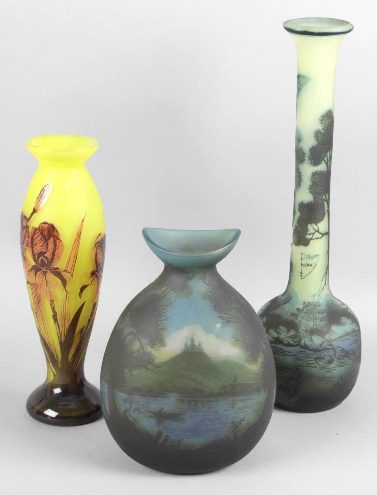 Five reproduction Art Nouveau style overlaid and cut glass vases.