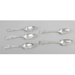 A set of five George IV Irish silver teaspoons in Hourglass pattern.