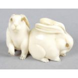A late 19th century carved ivory netsuke modelled as two rabbits.
