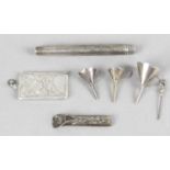 A small collection of items of novelty silver to include a double stamp holder - Chester 1913,