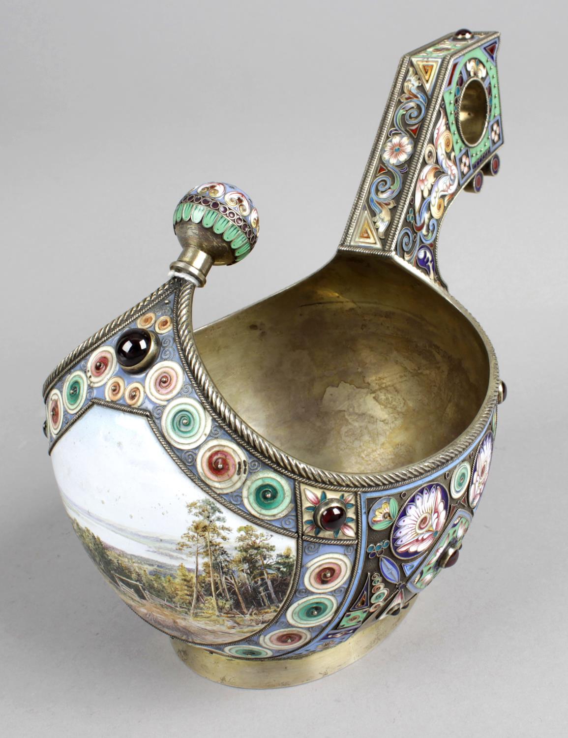 A late 20th century silver and enamel kovsh,