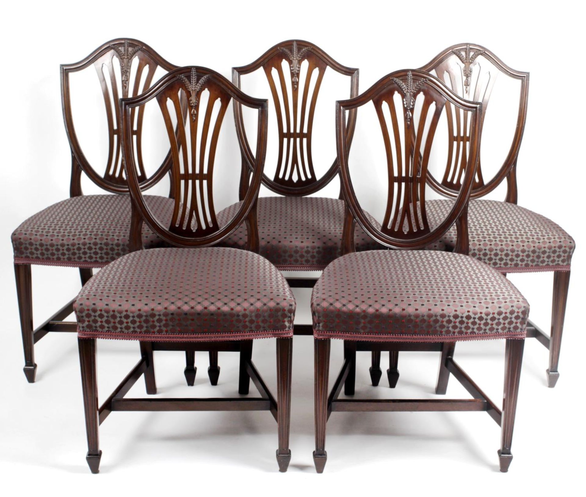 A set of 12 reproduction mahogany framed Hepplewhite style chairs,