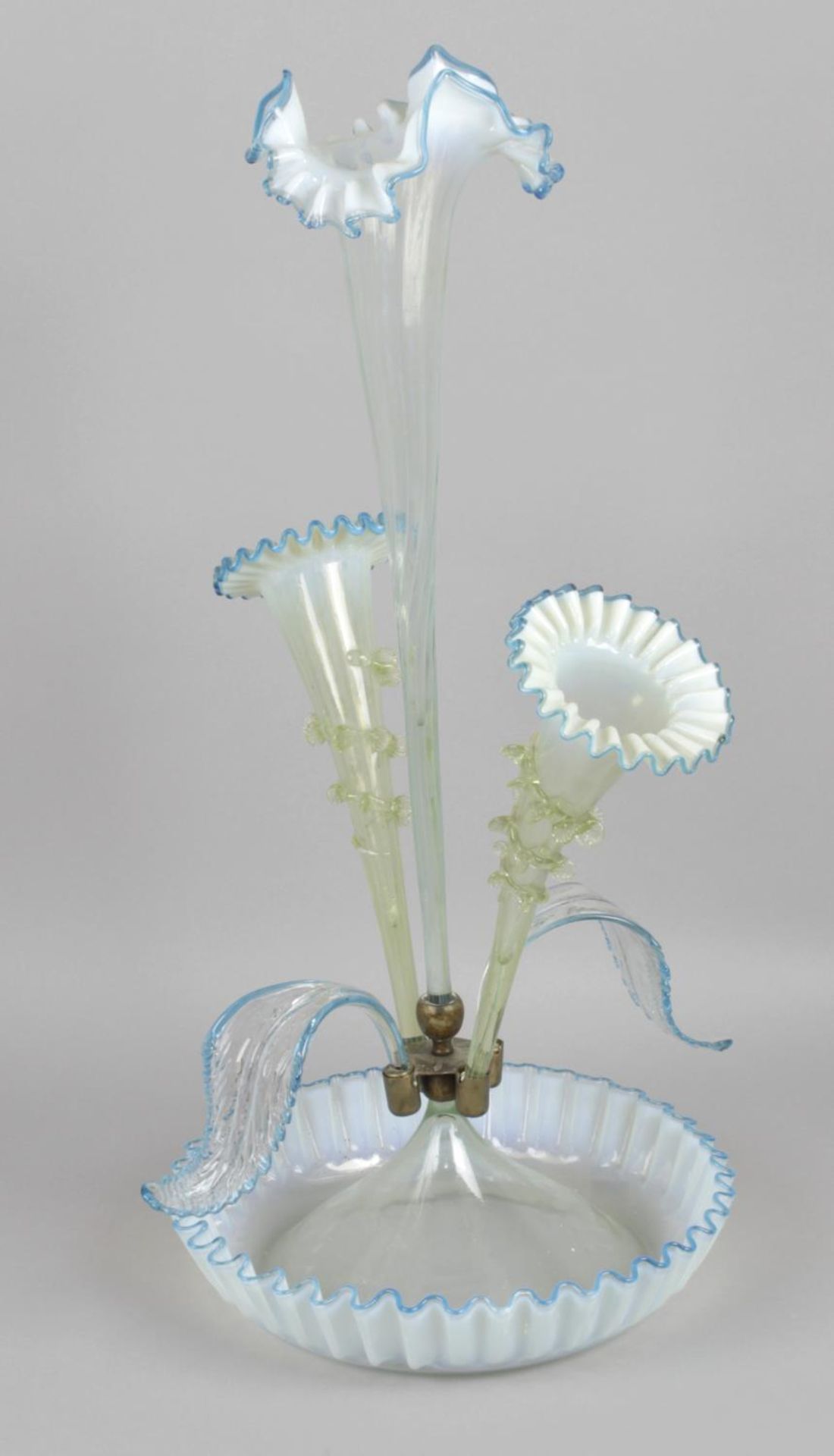 A Victorian blue and green vaseline glass epergne,