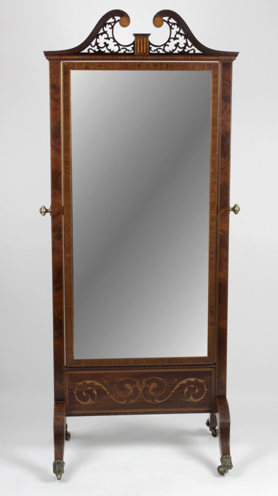 An Edwardian inlaid mahogany framed cheval mirror,