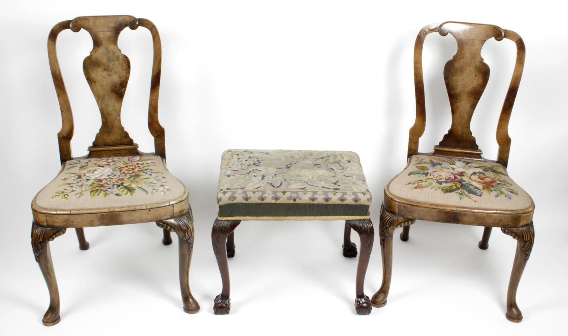 A pair of bleached walnut veneered and oak framed dining room chairs,