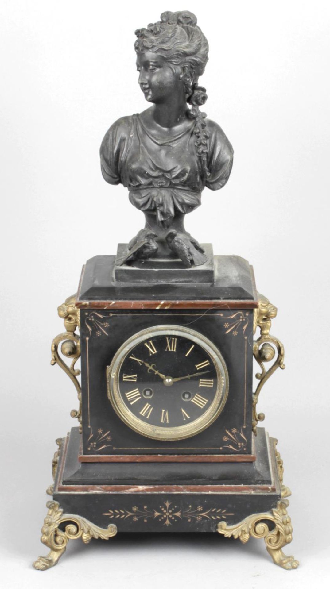 A Victorian black slate and rouge marble cased mantel clock,