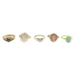 Five 9ct gold single-stone rings,