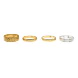 Four 9ct gold band rings.Hallmarks for 9ct gold.