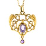 An early 20th century Art Nouveau amethyst pendant, by Henry Matthews, with later chain.