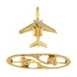 Diamond aeroplane tie pin, stamped 14K, length 3cms, 3.6gms.