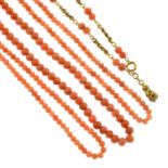 Two coral single-strand necklaces, length 39 and 46.5cms.