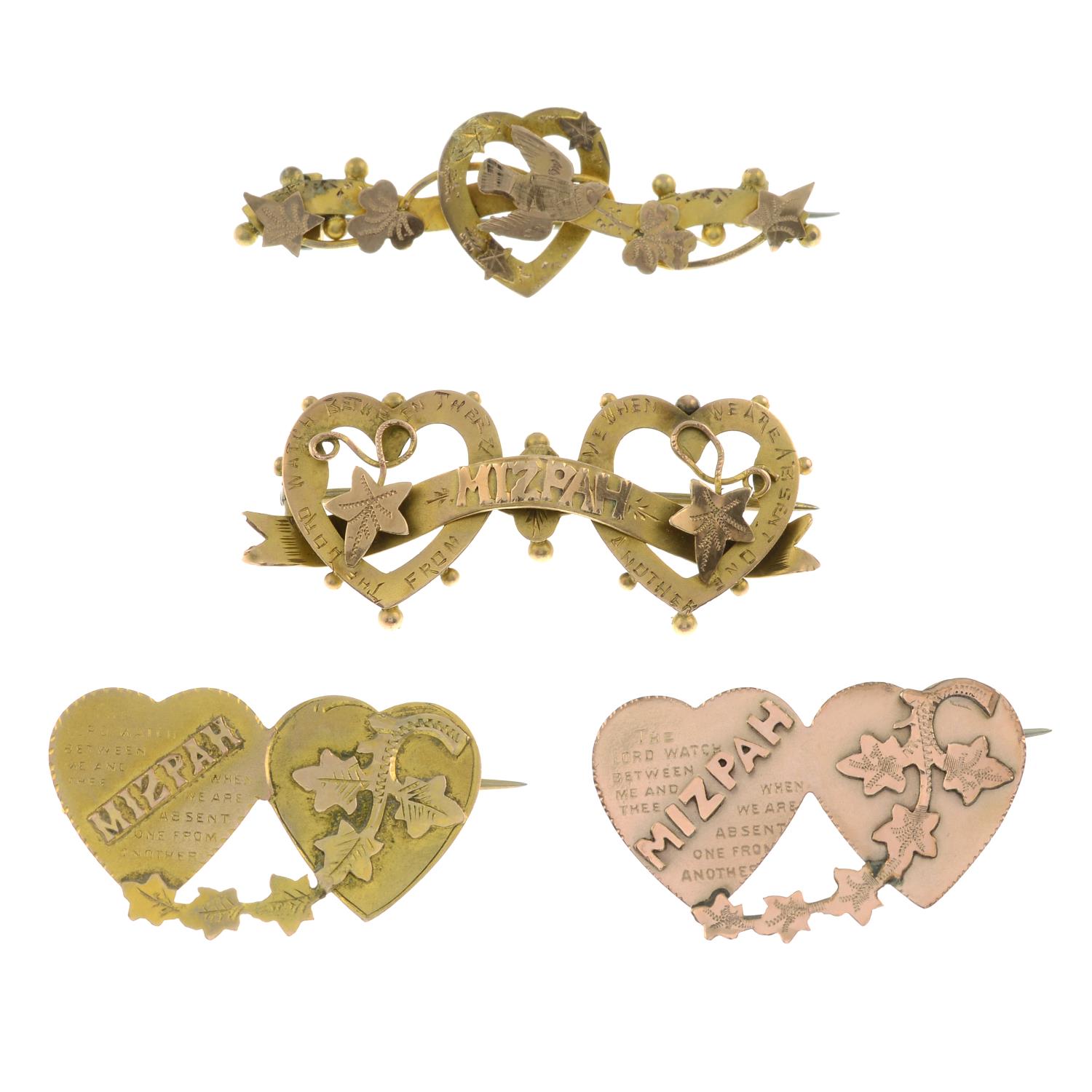 Four late Victorian to early 20th century gold Mizpah brooches.