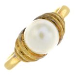 An 18ct gold cultured pearl single-stone ring.