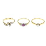 18ct gold ruby and diamond three-stone ring,