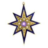 A late Victorian gold amethyst, split pearl and enamel star pendant.Length 3.8cms.
