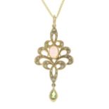 A 9ct gold synthetic opal and prasiolite pendant, with 9ct gold chain.Hallmarks for 9ct gold.