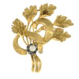 A 1960s 18ct gold floral spray brooch, with cultured pearl and sapphire cluster highlight.