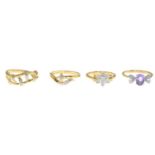 Four 9ct gold diamond and gem-set dress rings.