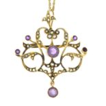 An early 20th century amethyst and split pearl pendant, with later 9ct gold chain.