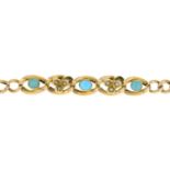 An early 20th century 9ct gold turquoise and split pearl shamrock curb-link bracelet.Stamped 9ct.