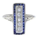 A mid 20th century gold synthetic sapphire and diamond dress ring.Estimated total diamond weight