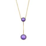An amethyst drop pendant, on an integral chain.Pendant stamped 9CT.
