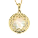 A 9ct gold mother-of-pearl pendant, with 9ct gold chain.Hallmarks for 9ct gold.