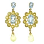 A pair of 9ct gold aquamarine and citrine drop earrings.Hallmarks for 9ct gold.