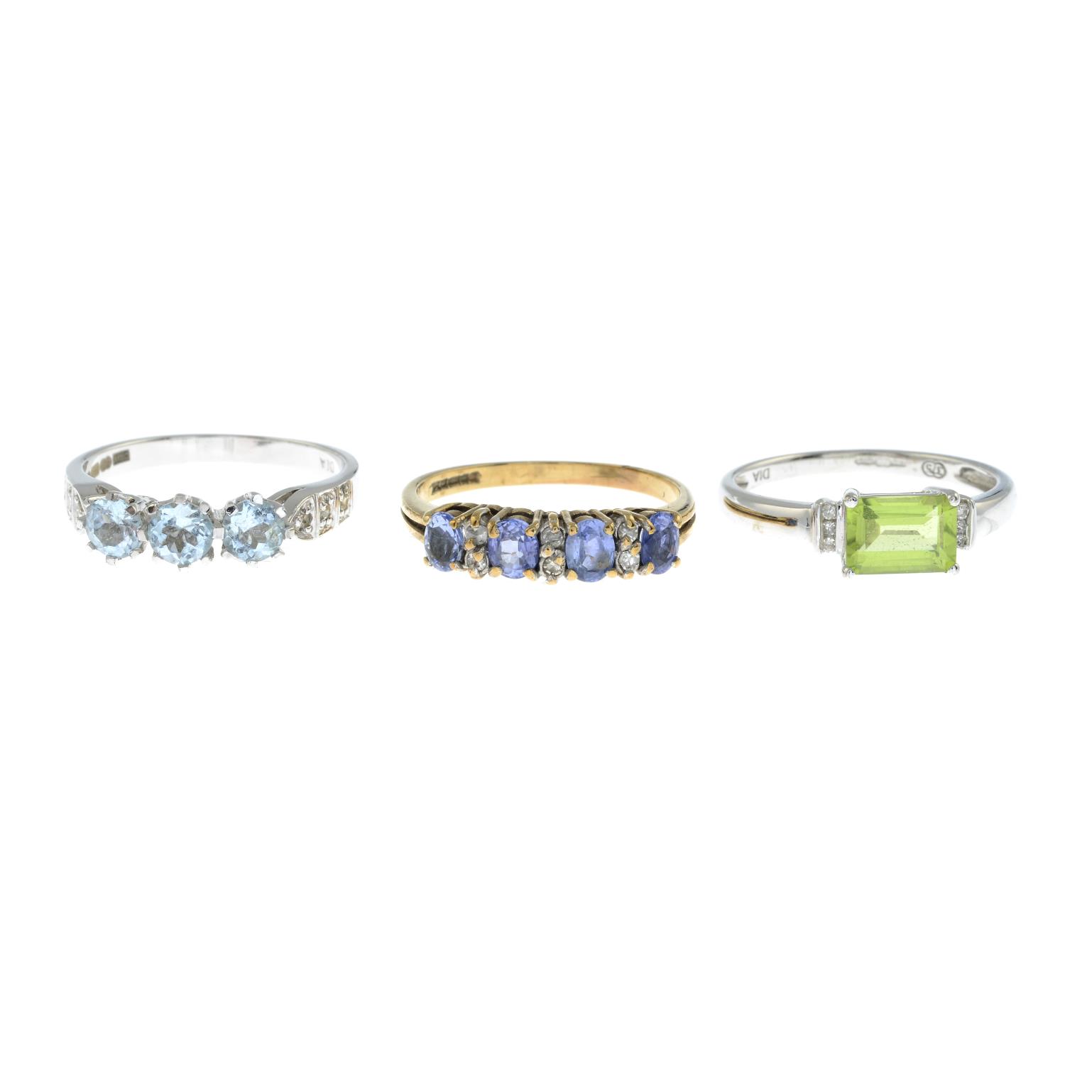 Three 9ct gold gem-set and diamond dress rings,