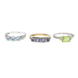 Three 9ct gold gem-set and diamond dress rings,