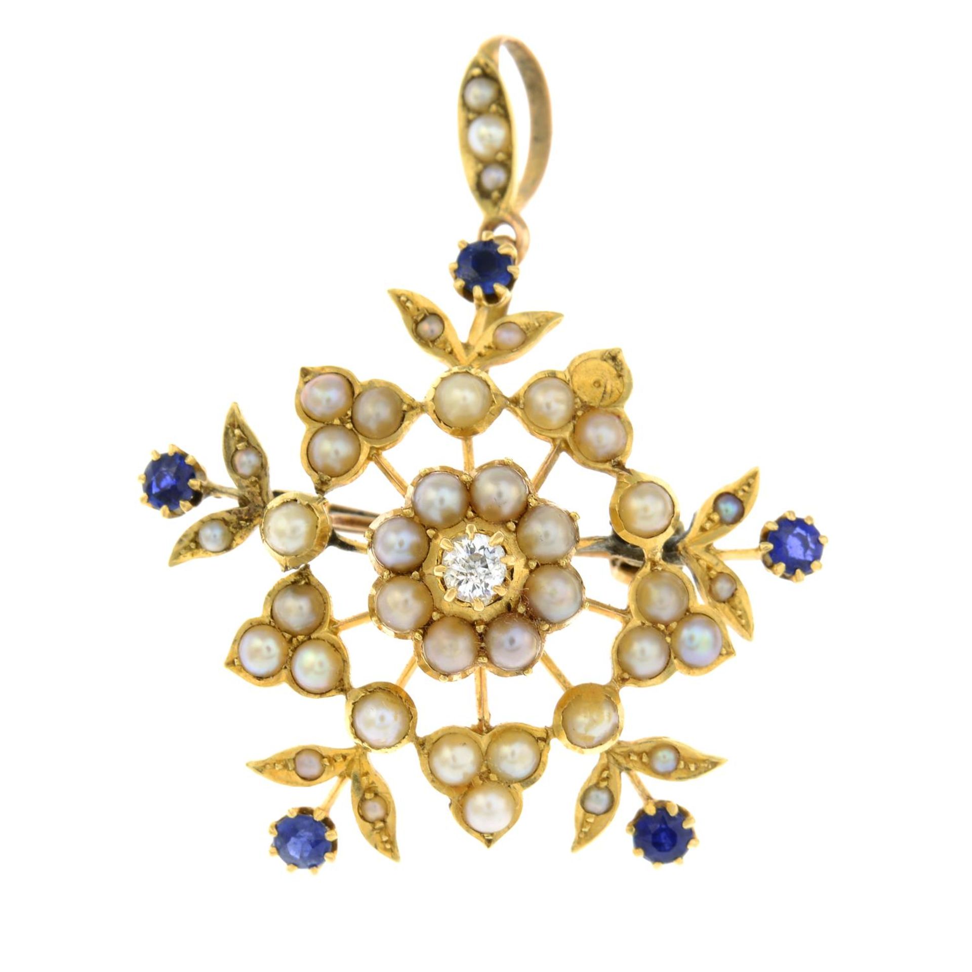 An early 20th century sapphire, split pearl and diamond floral cluster brooch.