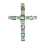 An emerald and diamond cross pendant.Total diamond weight 0.10ct, stamped to mount.