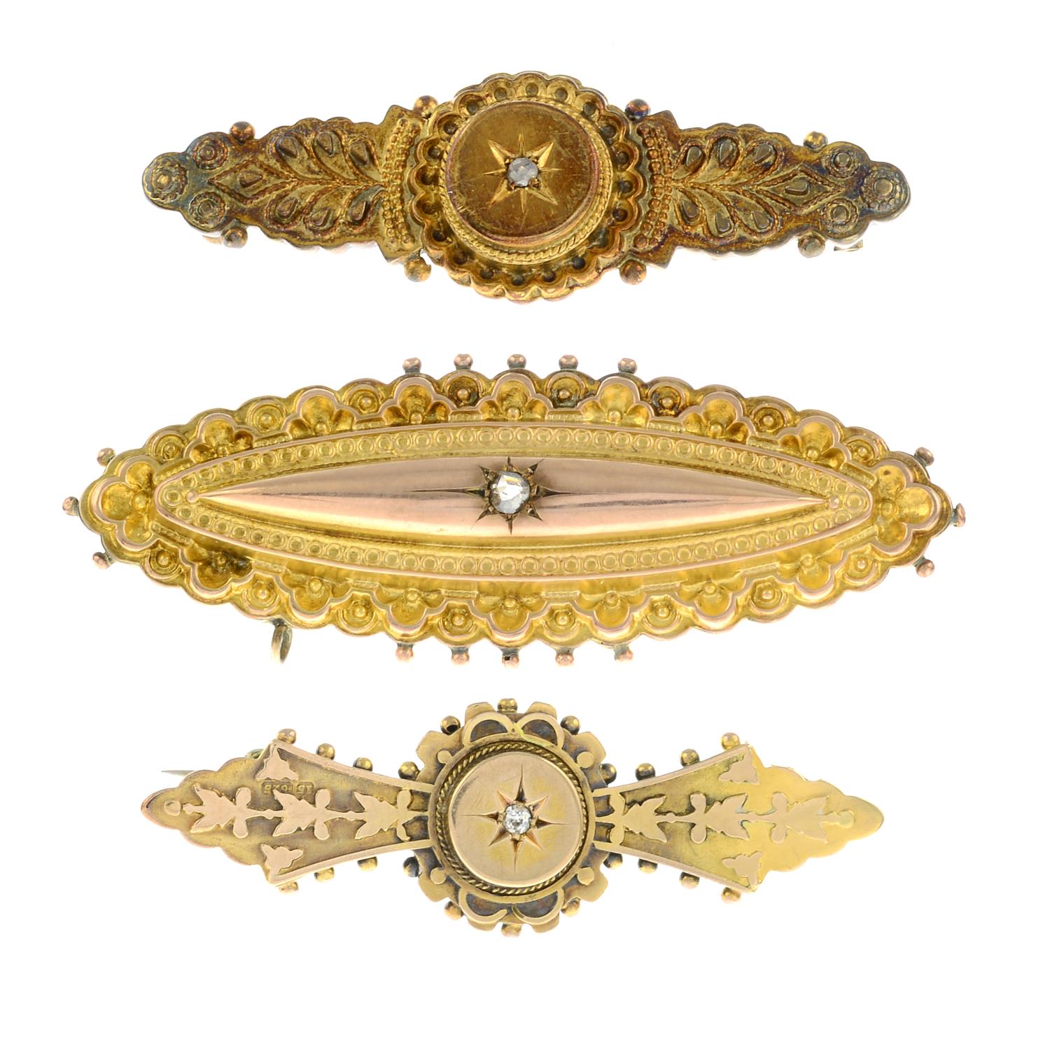Three late Victorian gold diamond brooches.