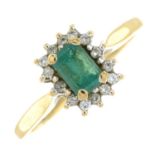 A 9ct gold synthetic emerald and diamond cluster ring.Total diamond weight 0.15ct,