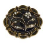 A Victorian diamond point, split pearl and black enamel memorial brooch.Length 4.1cms.