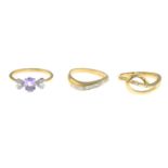 Three 9ct gold diamond and gem-set dress rings, to include an amethyst and diamond floral ring.