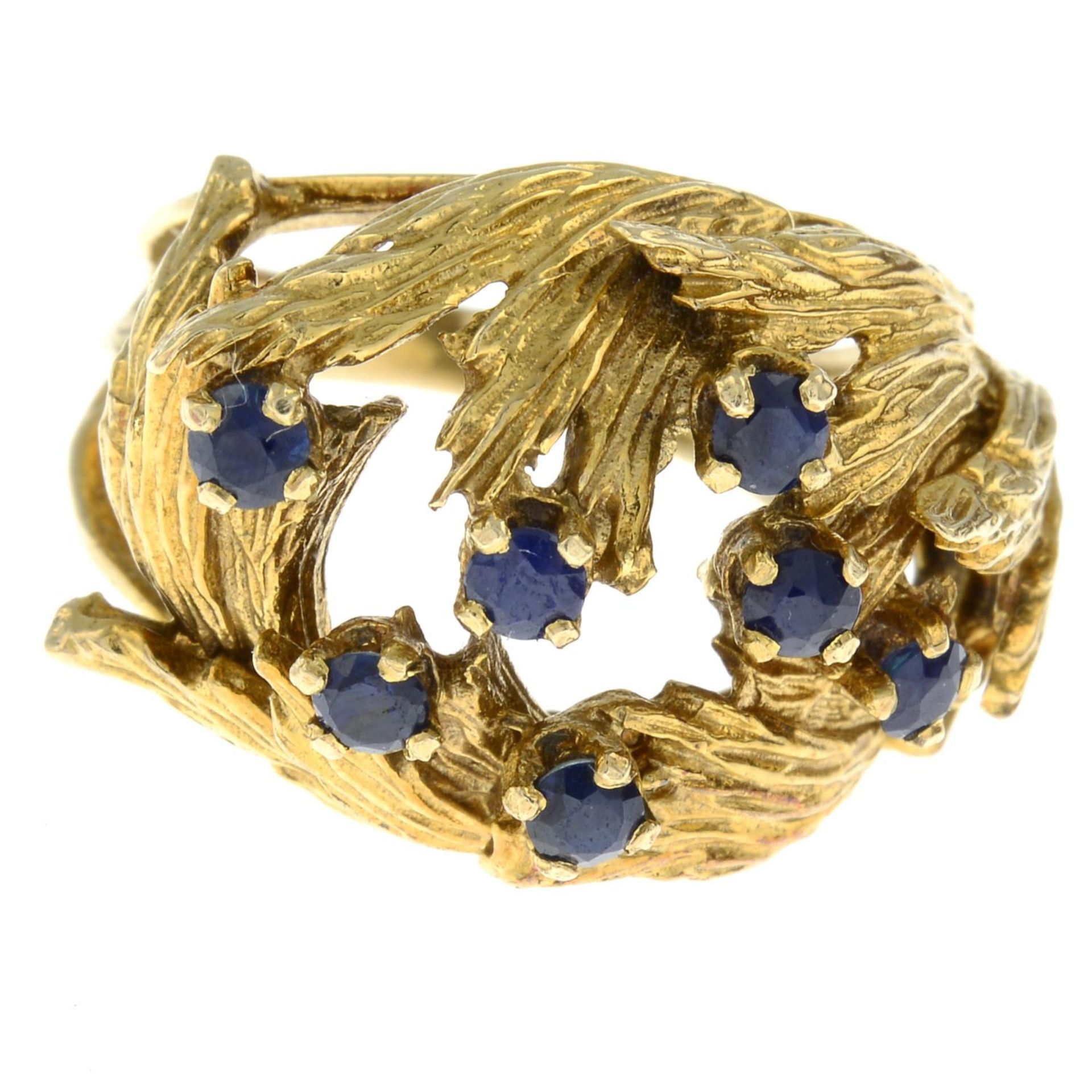 A 1970s 9ct gold sapphire cocktail ring.Hallmarks for London, 1970.