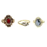 9ct gold garnet dress ring, band AF, hallmarks for 9ct gold, ring size Q, 5.6gms.