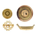 Two 9ct gold brooches and two jewellery components.