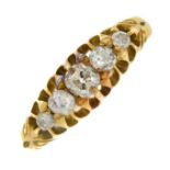 An early 20th century 18ct gold graduated old-cut diamond five-stone ring.Estimated total diamond