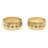Two 9ct gold star motif band rings.Hallmarks for London, 1984 and 1989.