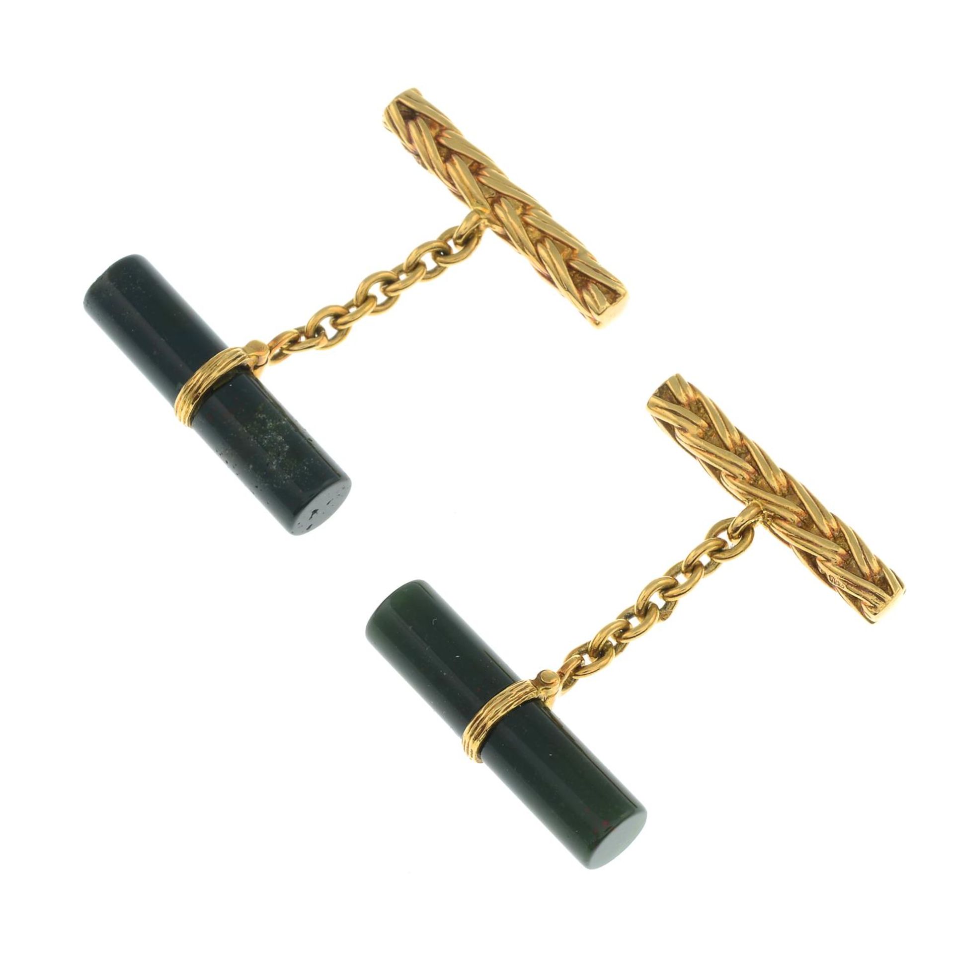 A pair of 18ct gold bloodstone cufflinks.Import marks for 18ct gold, partially indistinct. - Image 2 of 3