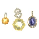 Ten gem-set pendants.Six with hallmarks for 9ct gold, lengths 1.5 to 2.5cms, 7gms.